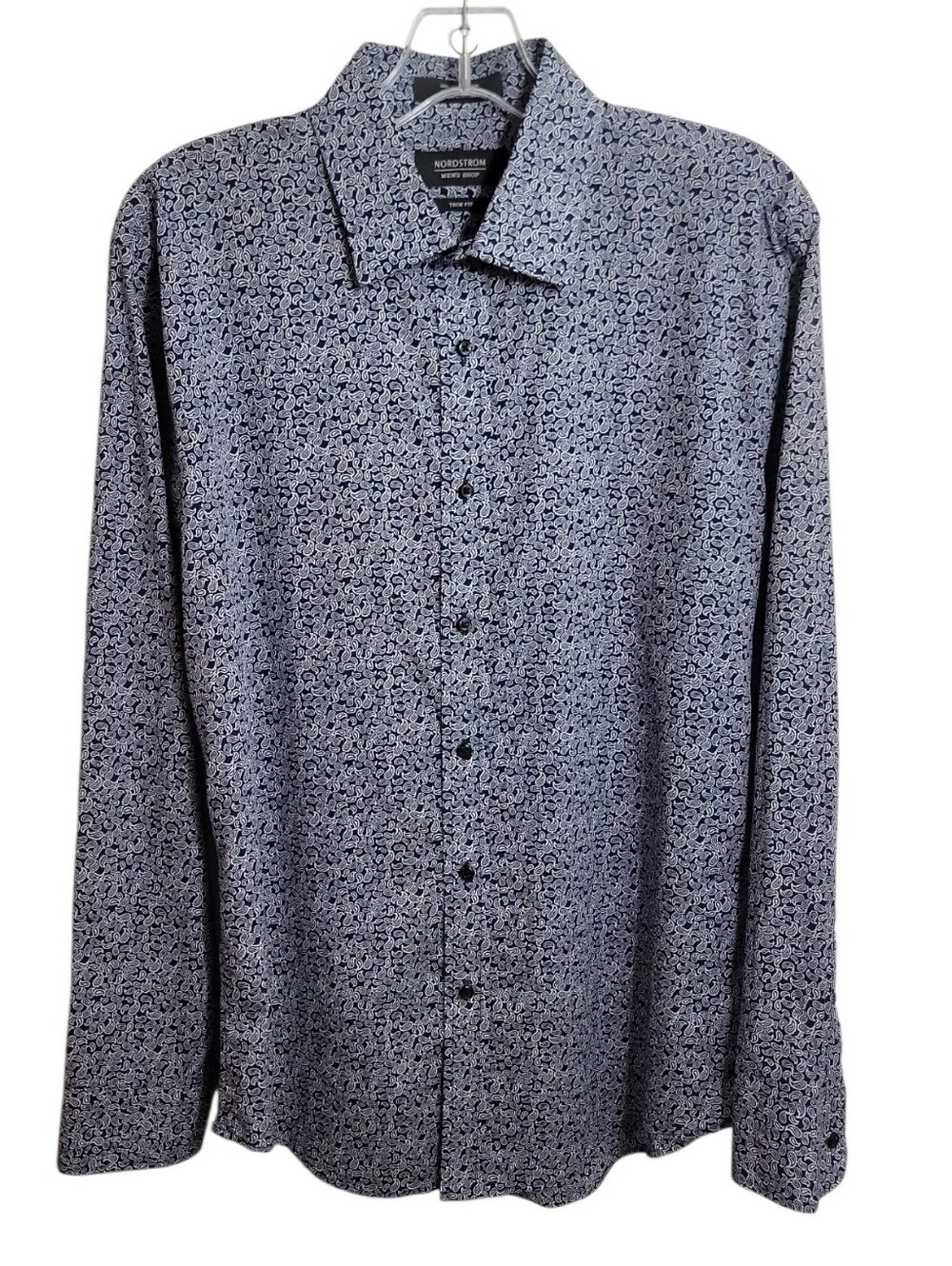 Nordstrom men's shop trim fit blue white paisley print dress shirt size 32 33